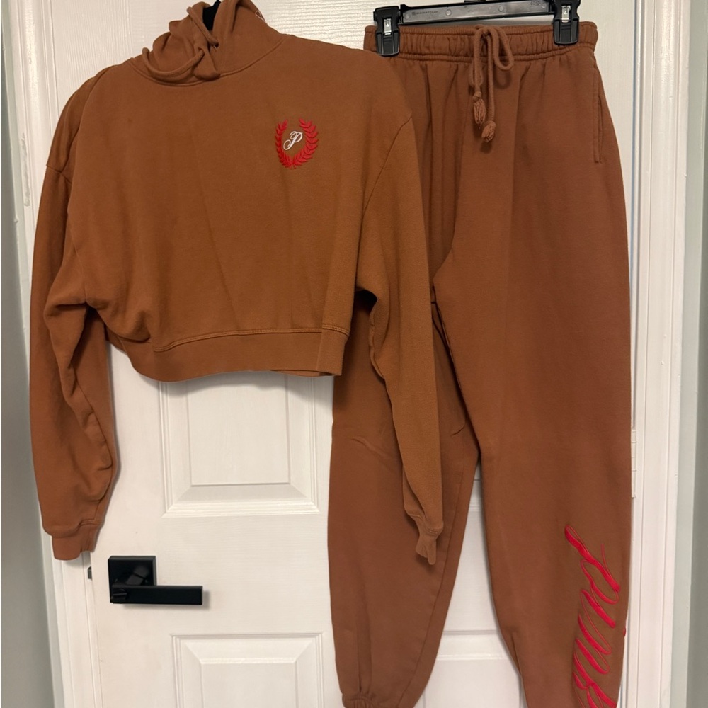 PINK Victoria's Secret Tan Jogger Set with Red Details
